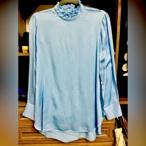 Zara Blue Satin Ruffle Neck Long Sleeve Button Down Shirt
